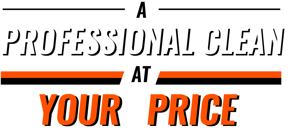 Text image with the slogan "A professional clean at your price" in bold white and orange letters. The words "A professional clean" are separated by a white and orange line from the words "at your price" below, emphasizing customizable and affordable car cleaning services.